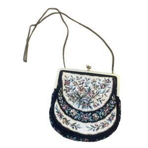 VINTAGE Floral Embroidered Black Multicolor Tapestry Mini Bag Gold Hardware